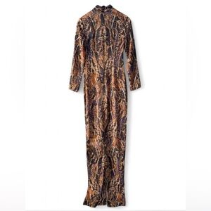 Miscreants London Sheer Patterned Maxi Dress | Gold & Blue | US 4 UK 8 NWOT